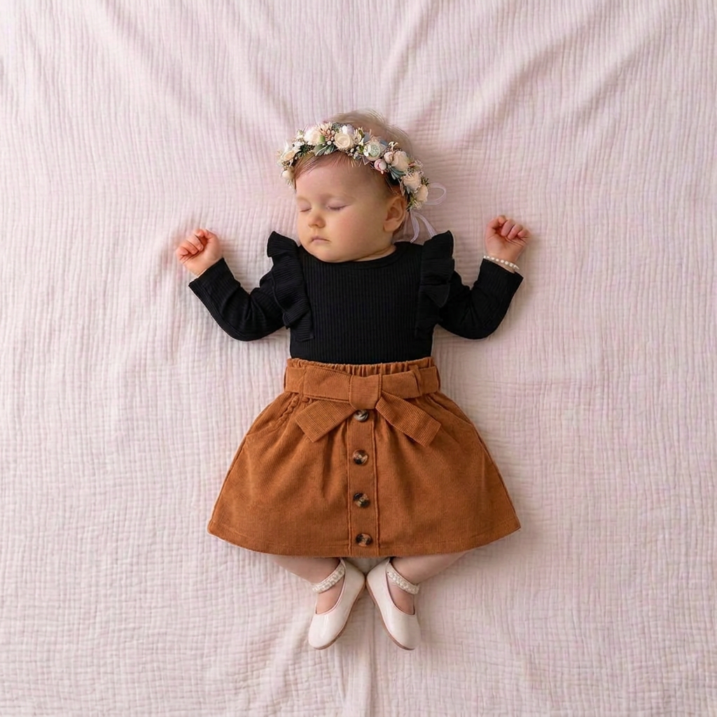 Ruffle Top & Corduroy Bow Skirt Set